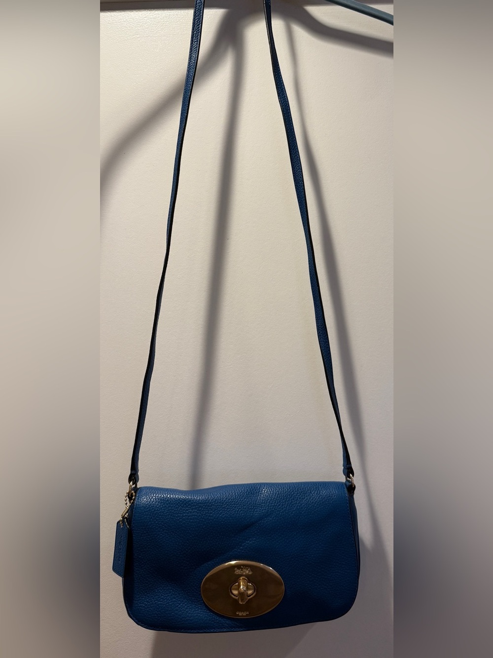 Coach Blue Pebbled Leather Crossbody with Gold Turnlock Oval Plaque